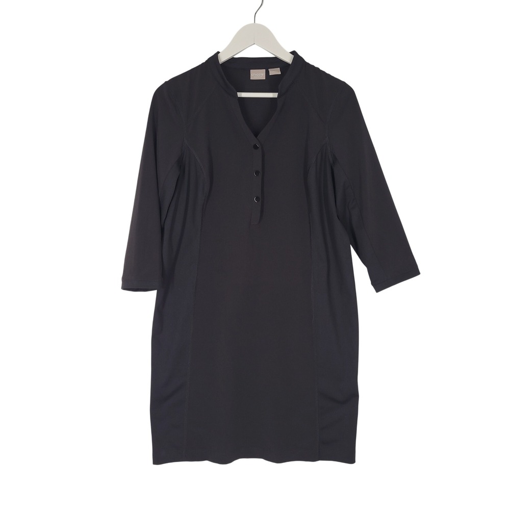 Chico's Zenergy Dress Womens 0.5 S Black 3/4 Sleeve Button Neck Shift Athleisure